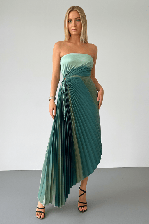 Vestido Midi Plissado Verde Marselha