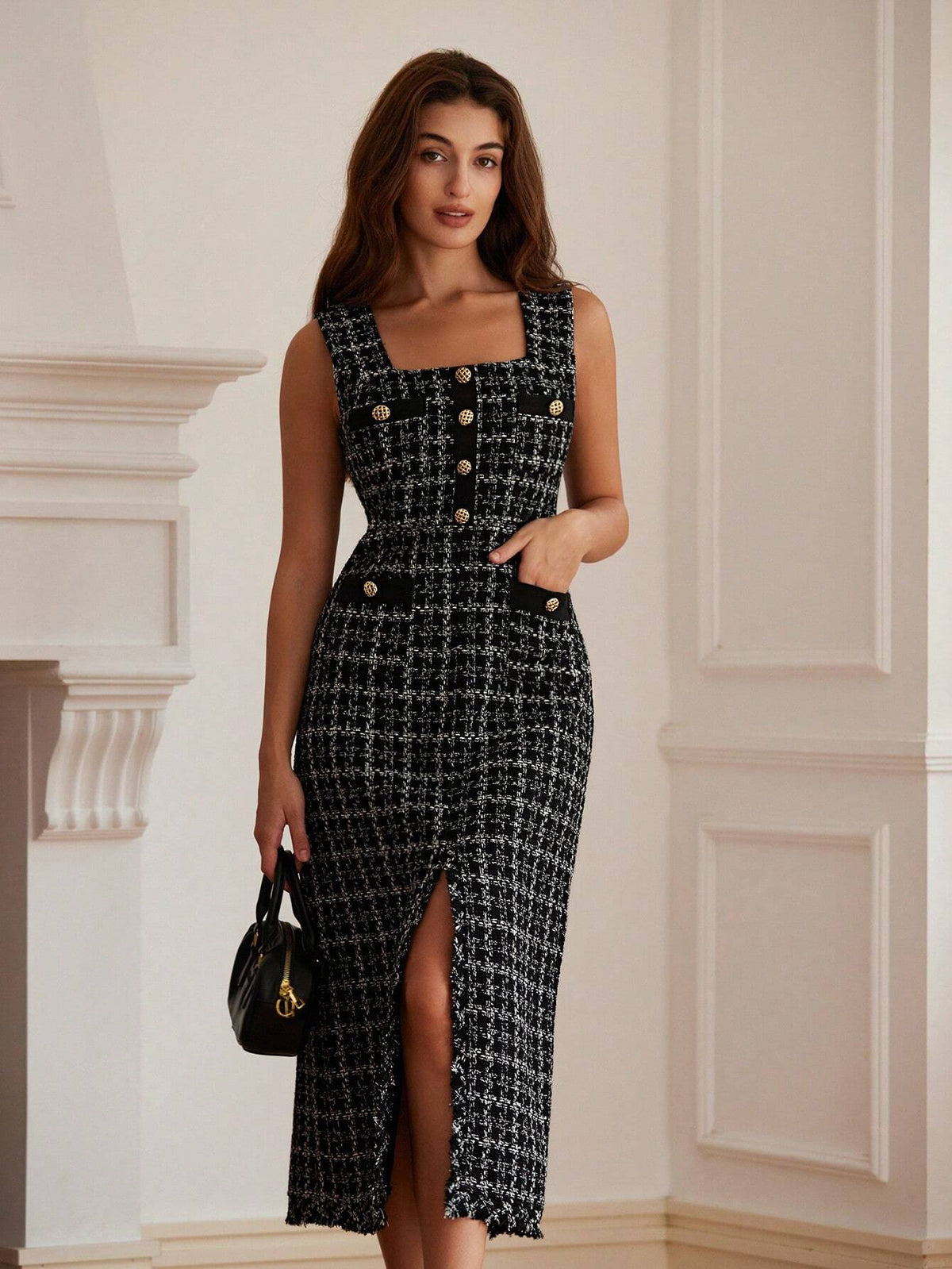 Vestido Midi Tweed Francês com Mistura de Cores Alyne