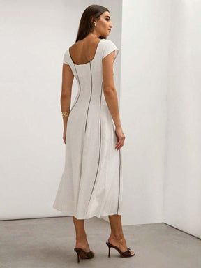 Vestido Midi em Linho Bloco de Cores Bege Tereza