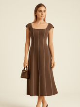 Vestido Midi em Linho Bloco de Cores Marrom Tereza