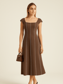 Vestido Midi em Linho Bloco de Cores Marrom Tereza
