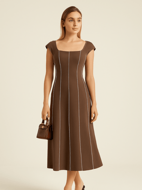 Vestido Midi em Linho Bloco de Cores Marrom Tereza