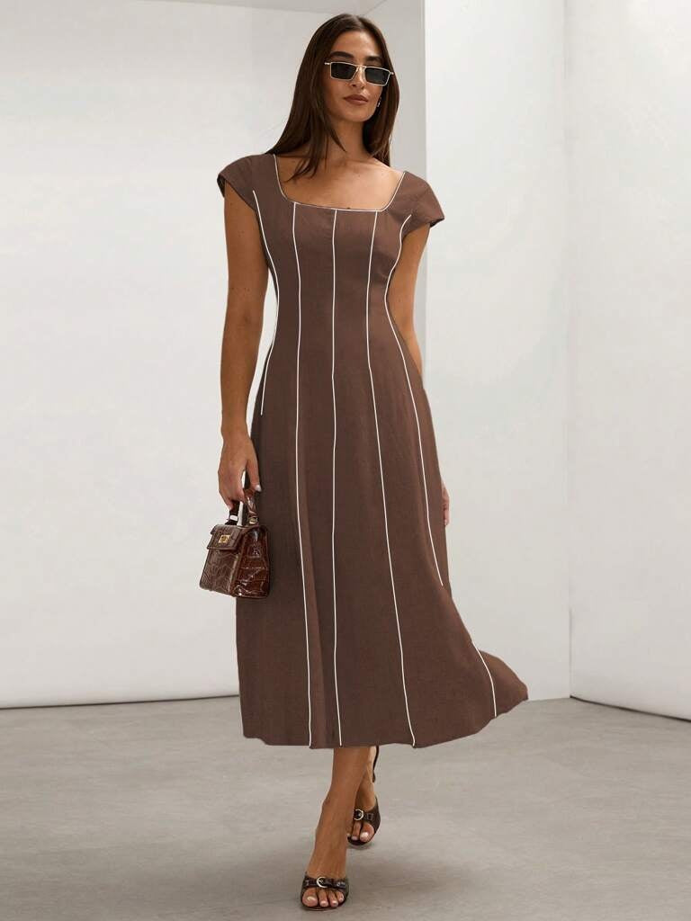 Vestido Midi em Linho Bloco de Cores Marrom Tereza