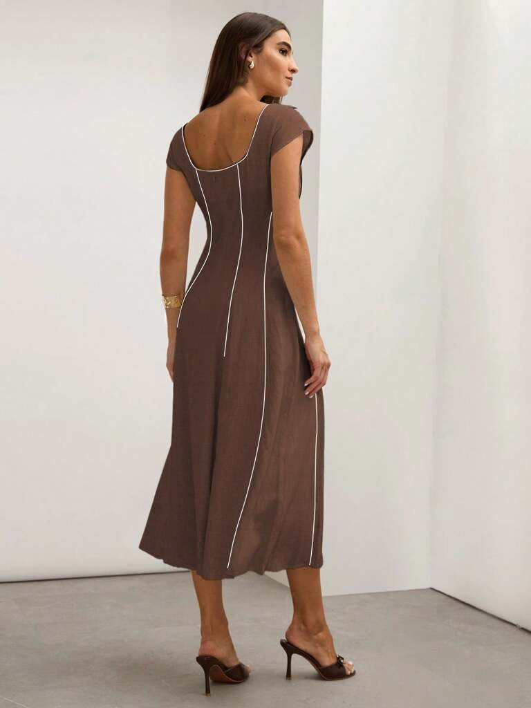 Vestido Midi em Linho Bloco de Cores Marrom Tereza