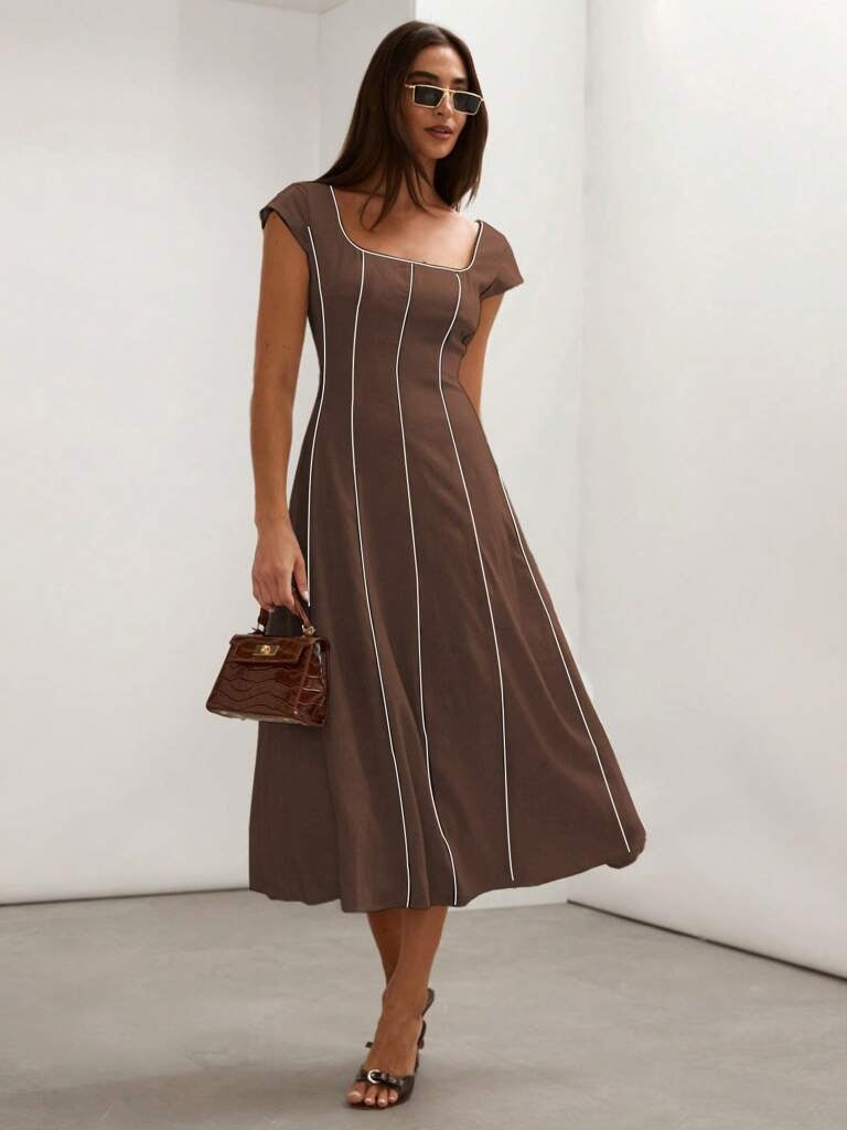 Vestido Midi em Linho Bloco de Cores Marrom Tereza
