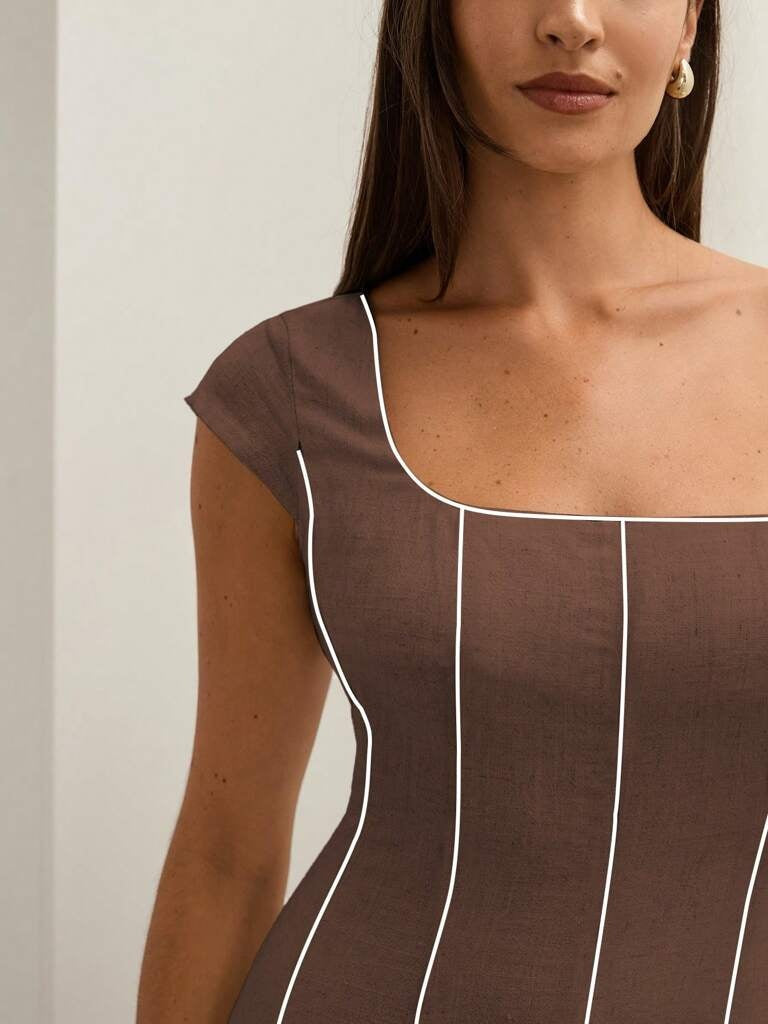Vestido Midi em Linho Bloco de Cores Marrom Tereza