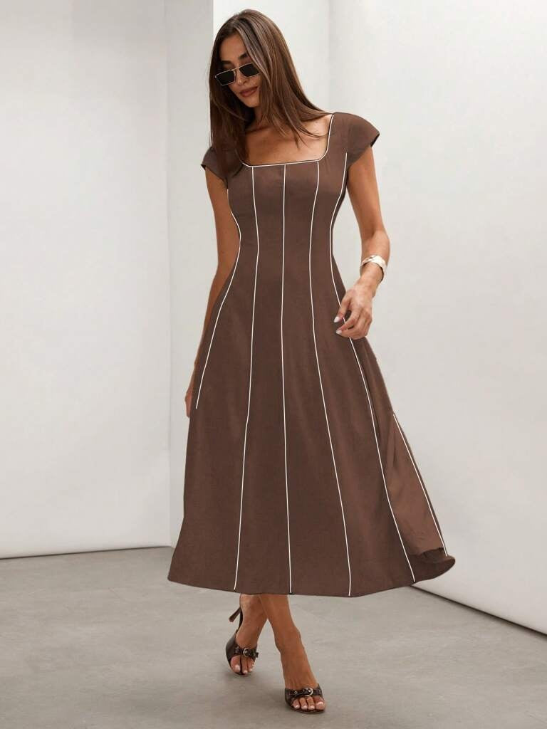 Vestido Midi em Linho Bloco de Cores Marrom Tereza