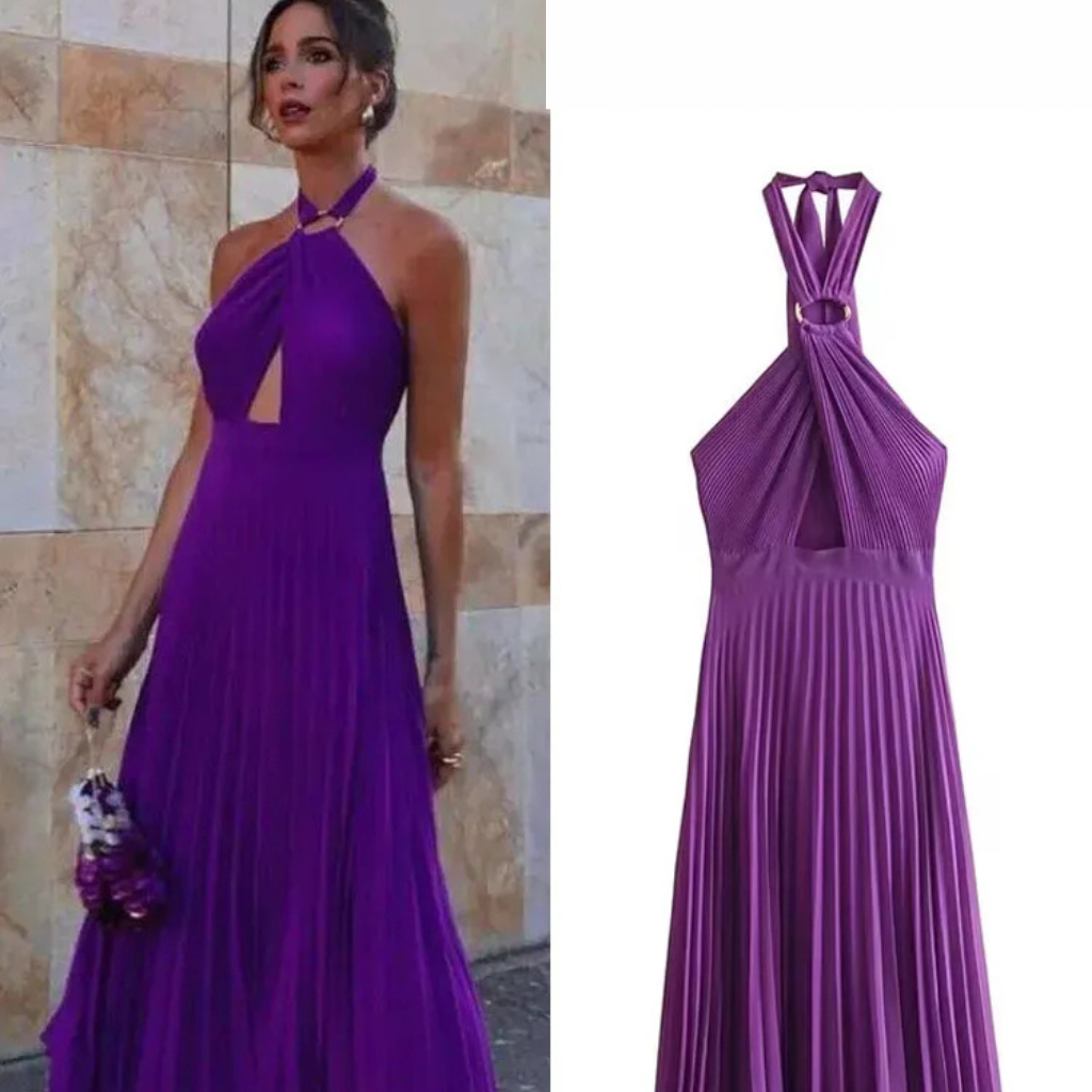 Vestido Plissado Sem Costas Liz Roxo