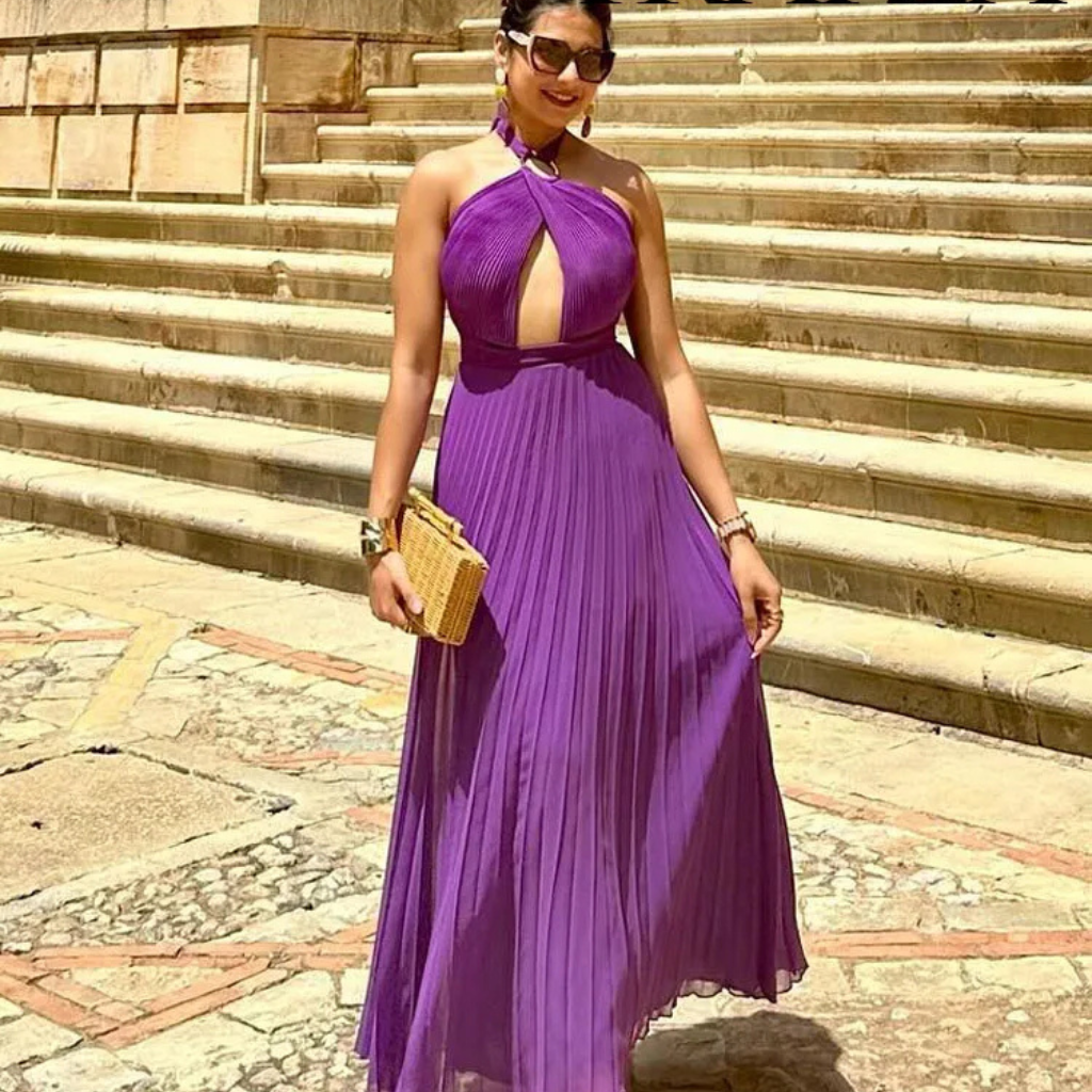 Vestido Plissado Sem Costas Liz Roxo