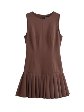Vestido Plissado Sem Mangas Aurora Serena Marrom
