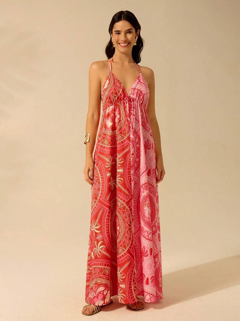 Vestido Vermelho Estampa Tropical