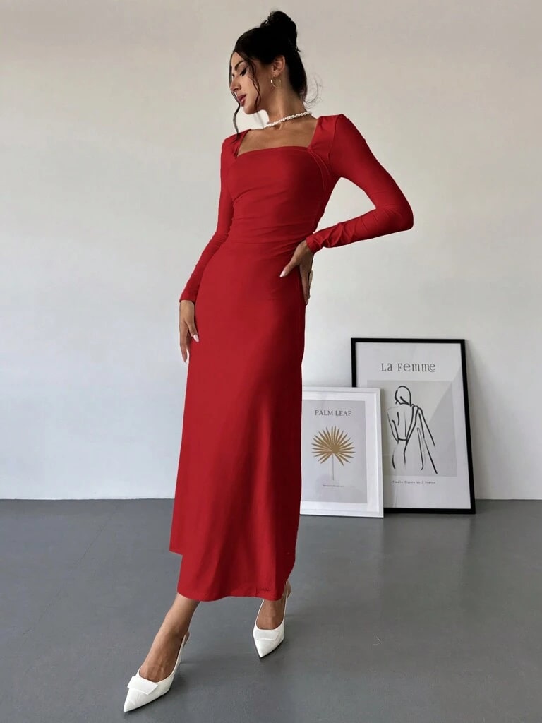Vestido Vermelho Longo Plissado Yasmin