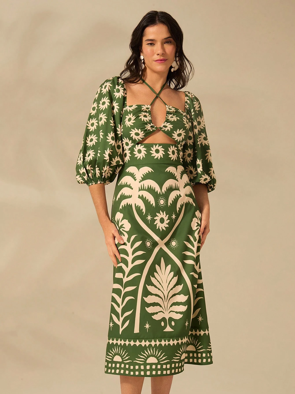 Vestido Curto Manga Bufante Verde Modelo Catarine