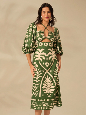 Vestido Curto Manga Bufante Verde Modelo Catarine