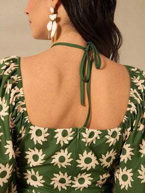 Vestido Curto Manga Bufante Verde Modelo Catarine