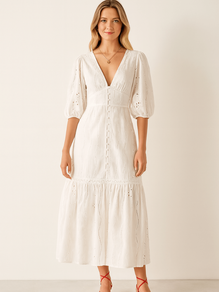 Vestido Branco Longo Com Renda Decote em V